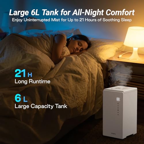 6L Stainless Steel Warm Mist Humidifier with Easy Clean, Sleep Mode & Auto-Off, Large Room Air Humidifier for Bedroom
