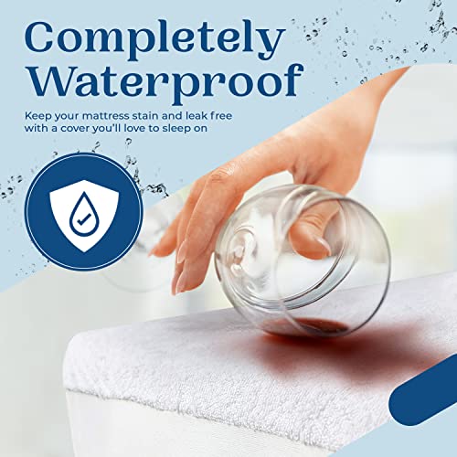 FeelAtHome Waterproof Mattress Cover Twin - 100% Cotton Terry, Soft, Breathable, Noiseless, Fitted Protector, White