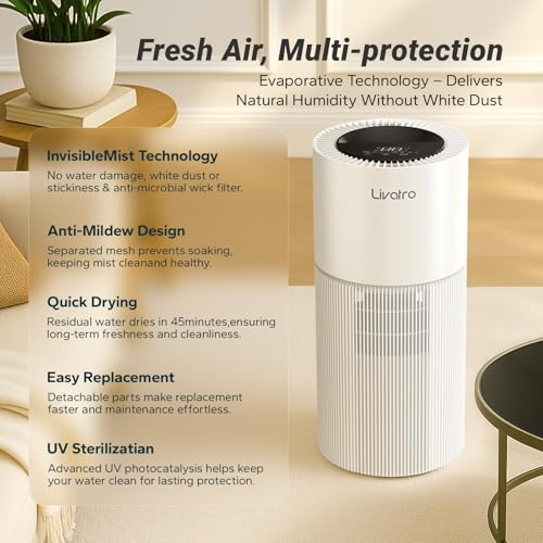 Smart Evaporative Humidifier for Whole House, 8L Top Fill Tank, Auto Drying Filter, Invisible Mist for Bedroom & Baby Sleep