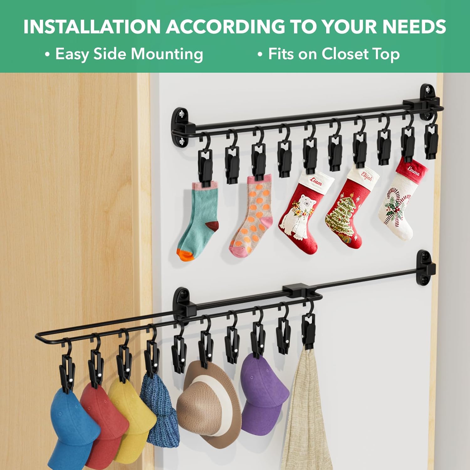 Closet Hat Rack with 20 Clips, Sliding Organizer for Caps, Beanies & Sun Hats, 2 Pack Hanging Storage for Closet Rods, Black