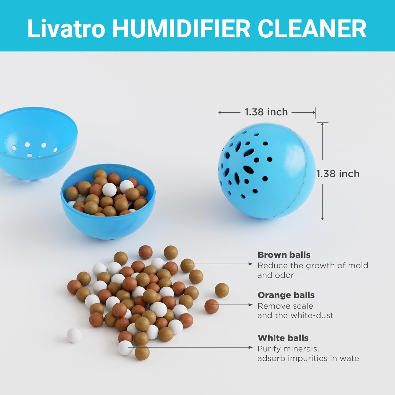 Livatro Humidifier Cleaning Ball, Cleans Mold & Bacteria, Prevents Hard Water Build-Up, Removes Odor & White Dust, For All Humidifiers & Fish Tanks