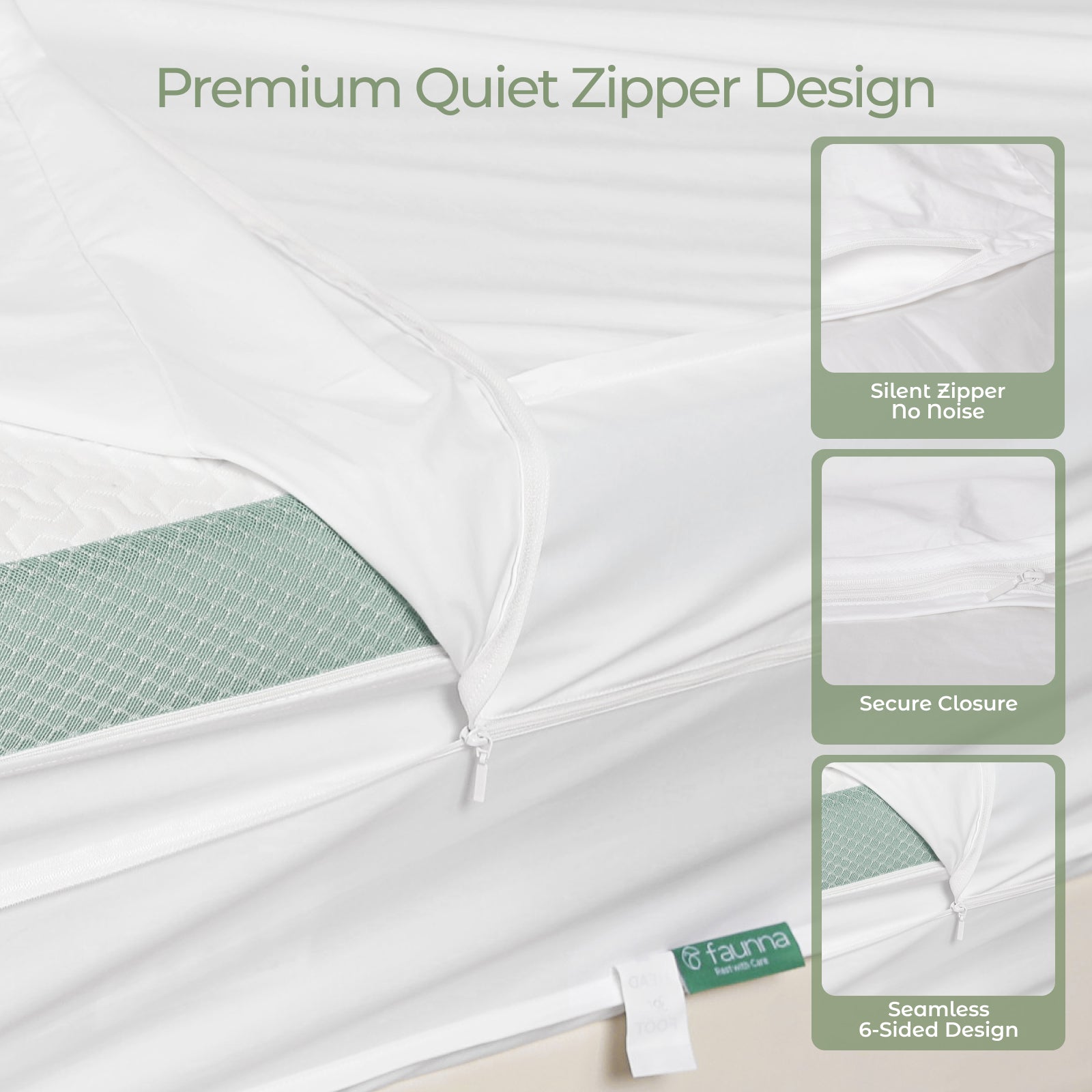 FAUNNA 6-Sided Mattress Encasement – 100% Cotton, Dust Mite & Bed Bug Proof, Microban, Silent Zipper, OEKO-TEX