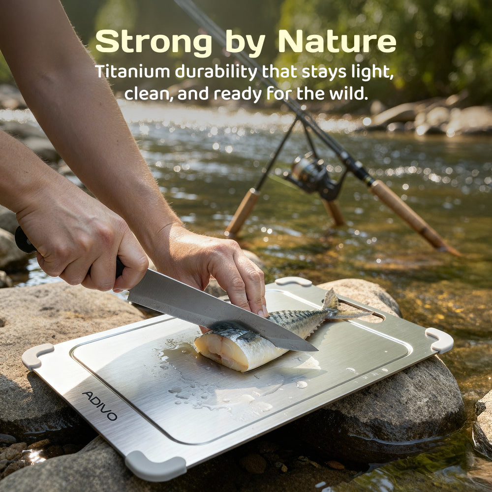 ADIVO Titanium Cutting Board, Double-Sided 100% Pure Titanium, Non-Porous Easy Clean with Juice Groove & Non-Slip Corners