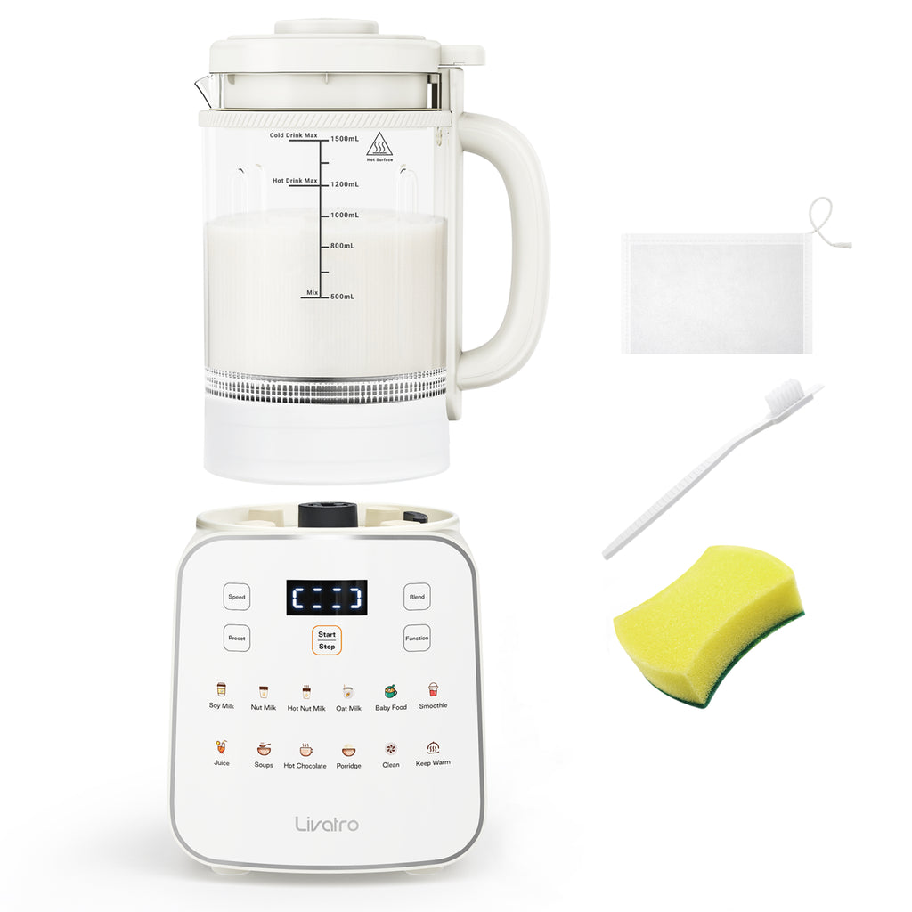 Livatro Nut Milk Maker – 50.7oz, 12-in-1 Automatic, Detachable Glass Jar, Self-Clean, 24H Delay & Keep Warm, BPA Free