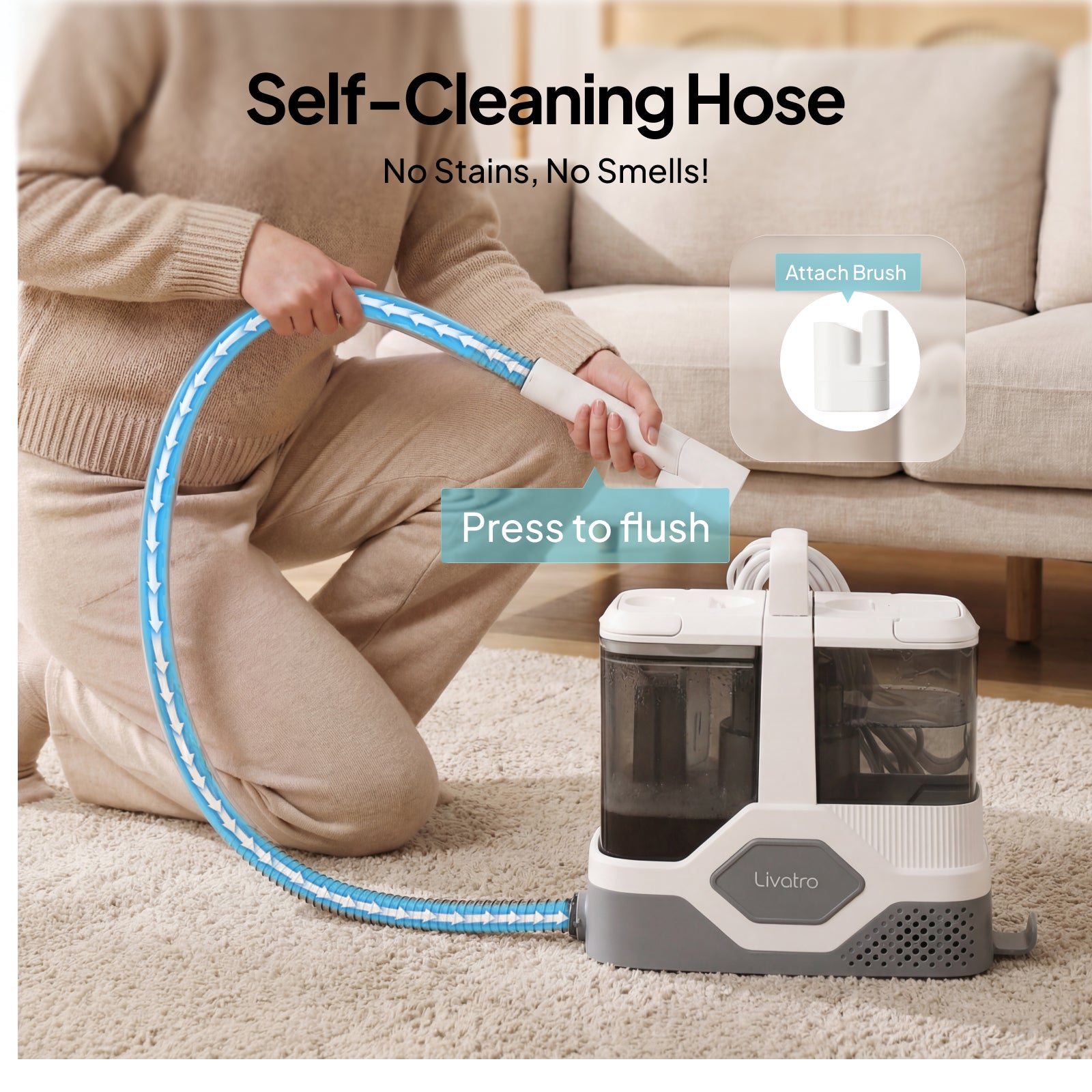 Livatro Upholstery Cleaner Machine – 16kPa Suction, 600W, 2300ml Tank, Self-Cleaning Hose, Portable Carpet & Sofa Spot Cleaner