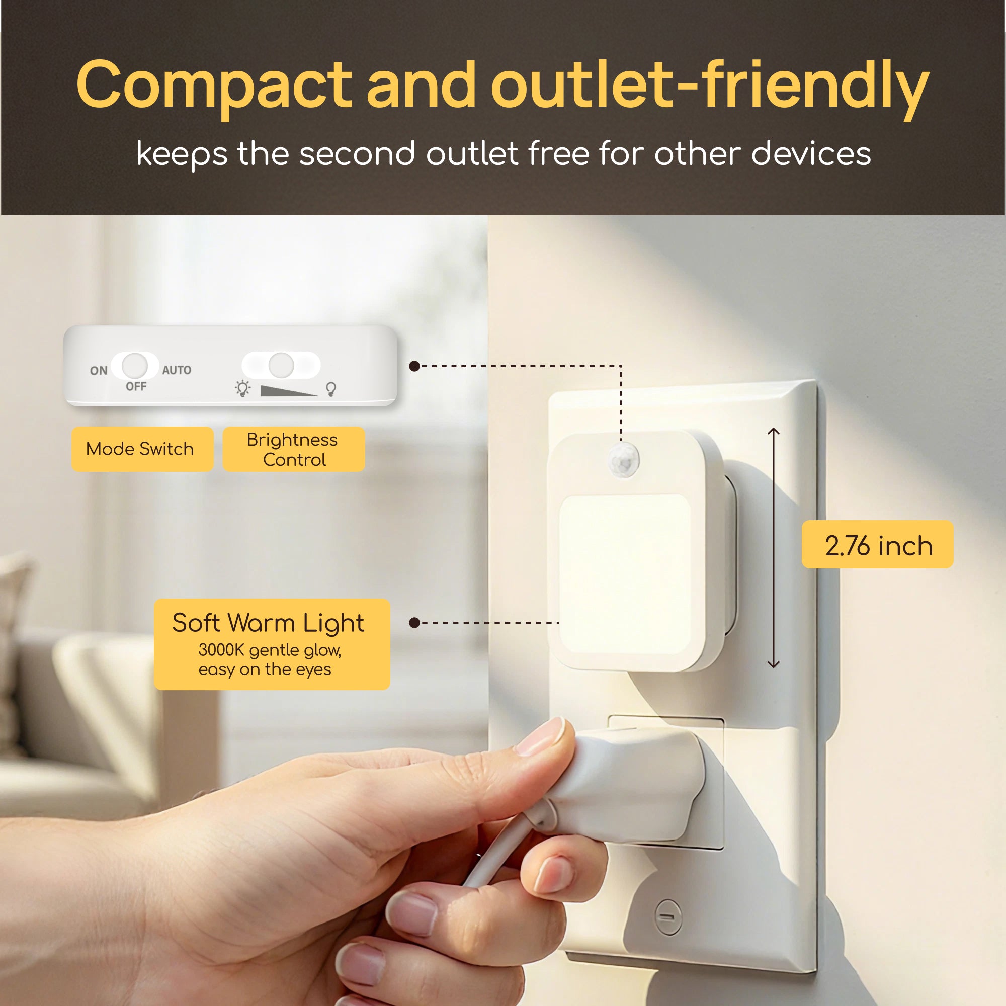 Plug-In Motion Sensor Night Light, Dusk-to-Dawn LED with Stepless Dimming, Energy-Saving