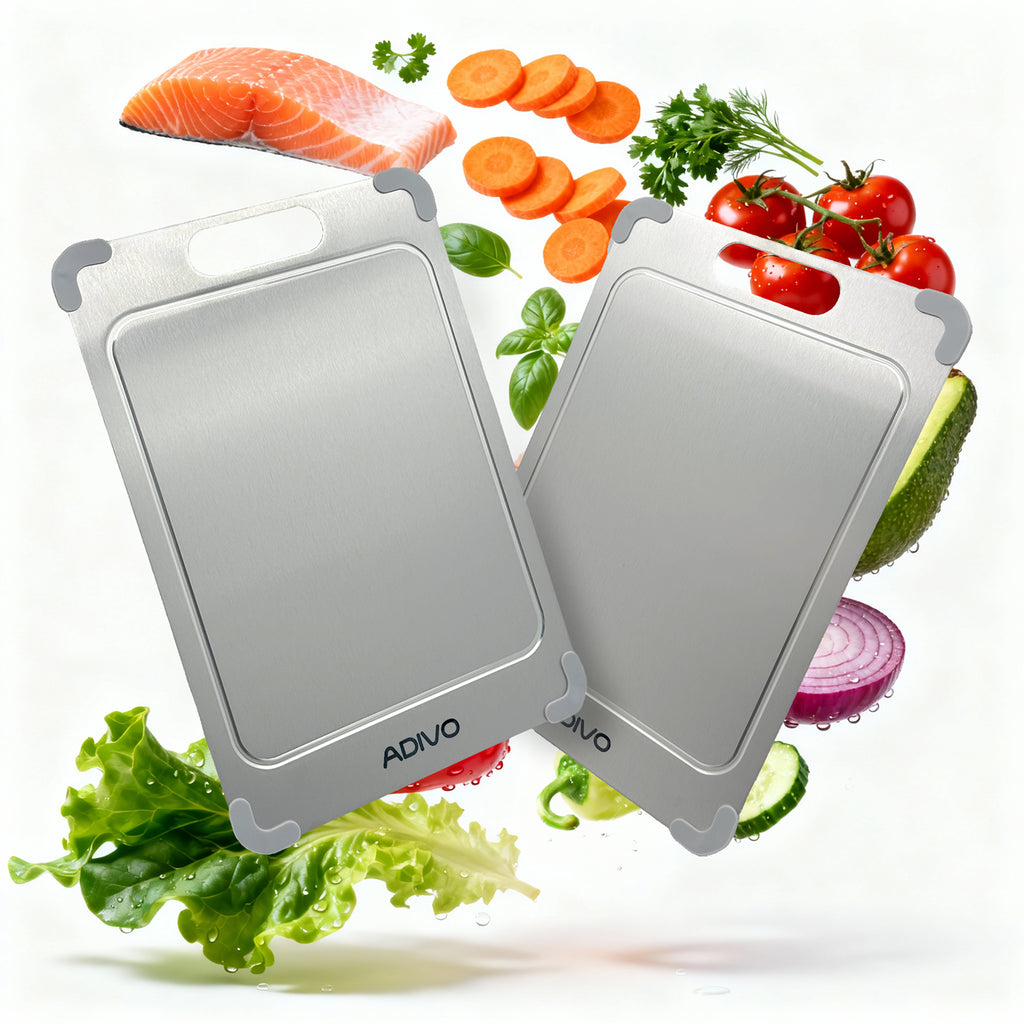 ADIVO Titanium Cutting Board, Double-Sided 100% Pure Titanium, Non-Porous Easy Clean with Juice Groove & Non-Slip Corners