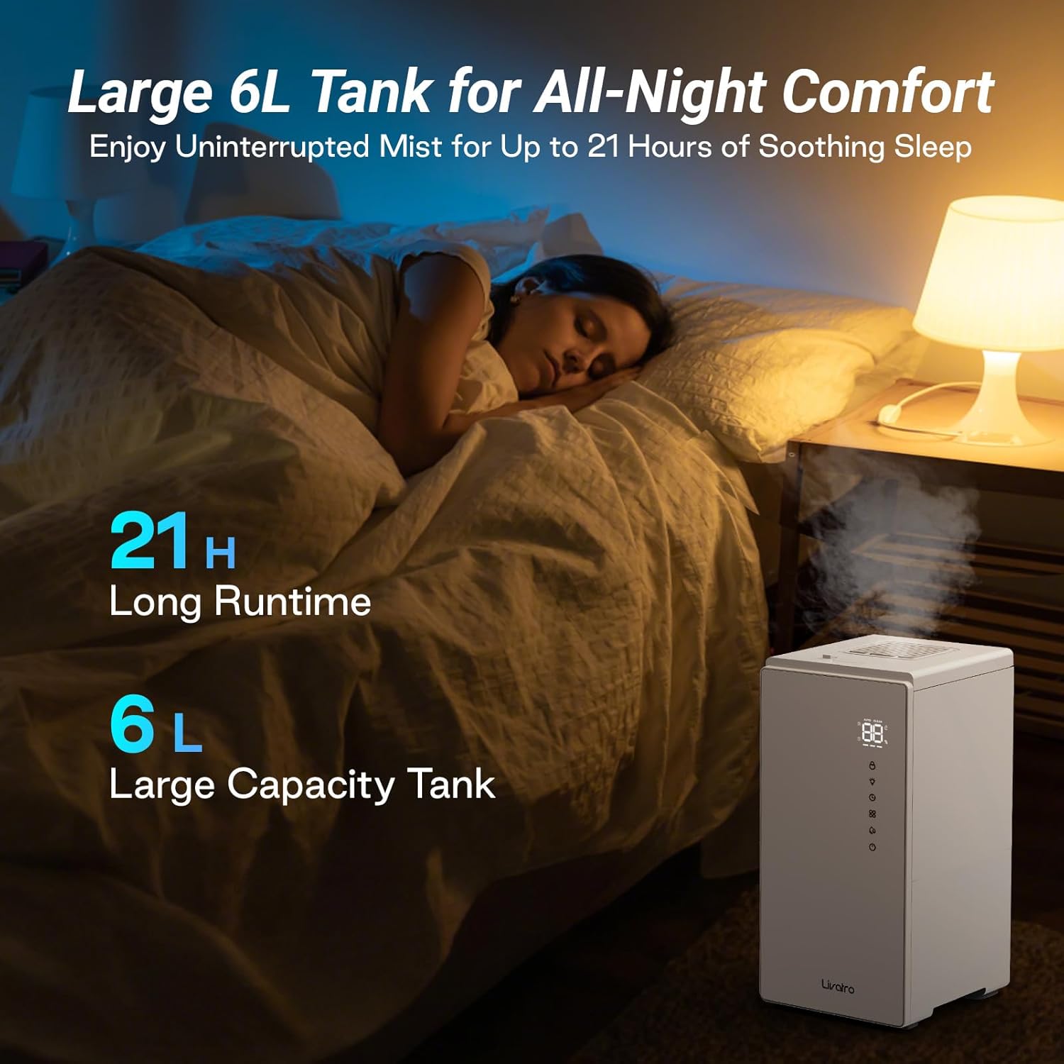 6L Stainless Steel Warm Mist Humidifier with Easy Clean, Sleep Mode & Auto-Off, Large Room Air Humidifier for Bedroom