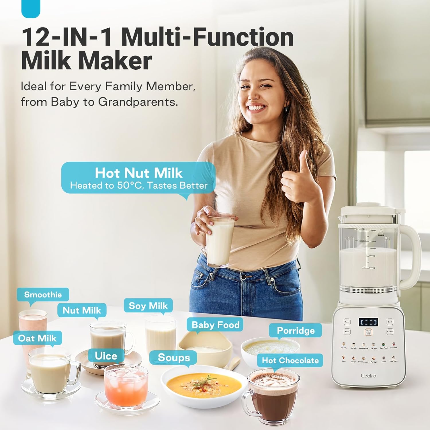 Livatro 50.73oz Nut Milk Maker, 12-in-1 Automatic Soy Milk Machine with Detachable Design, Oat & Almond Milks, 24H Delay, Keep Warm, Auto-Clean