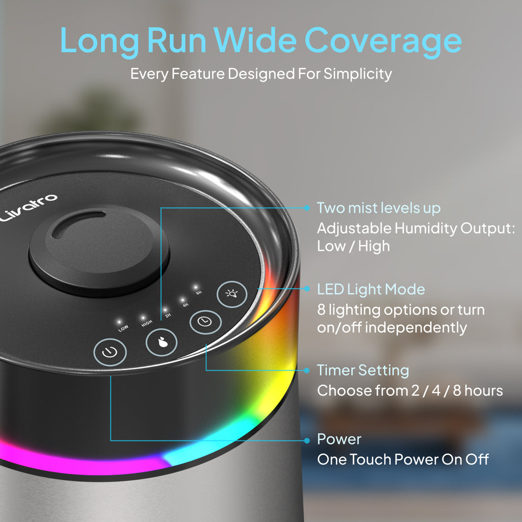 Livatro 7L Ultrasonic Cool Mist Humidifier – Top Fill, 304 Stainless Steel, 24dB Quiet, 7‑Color LED, 35H Run Time, 650 sq ft