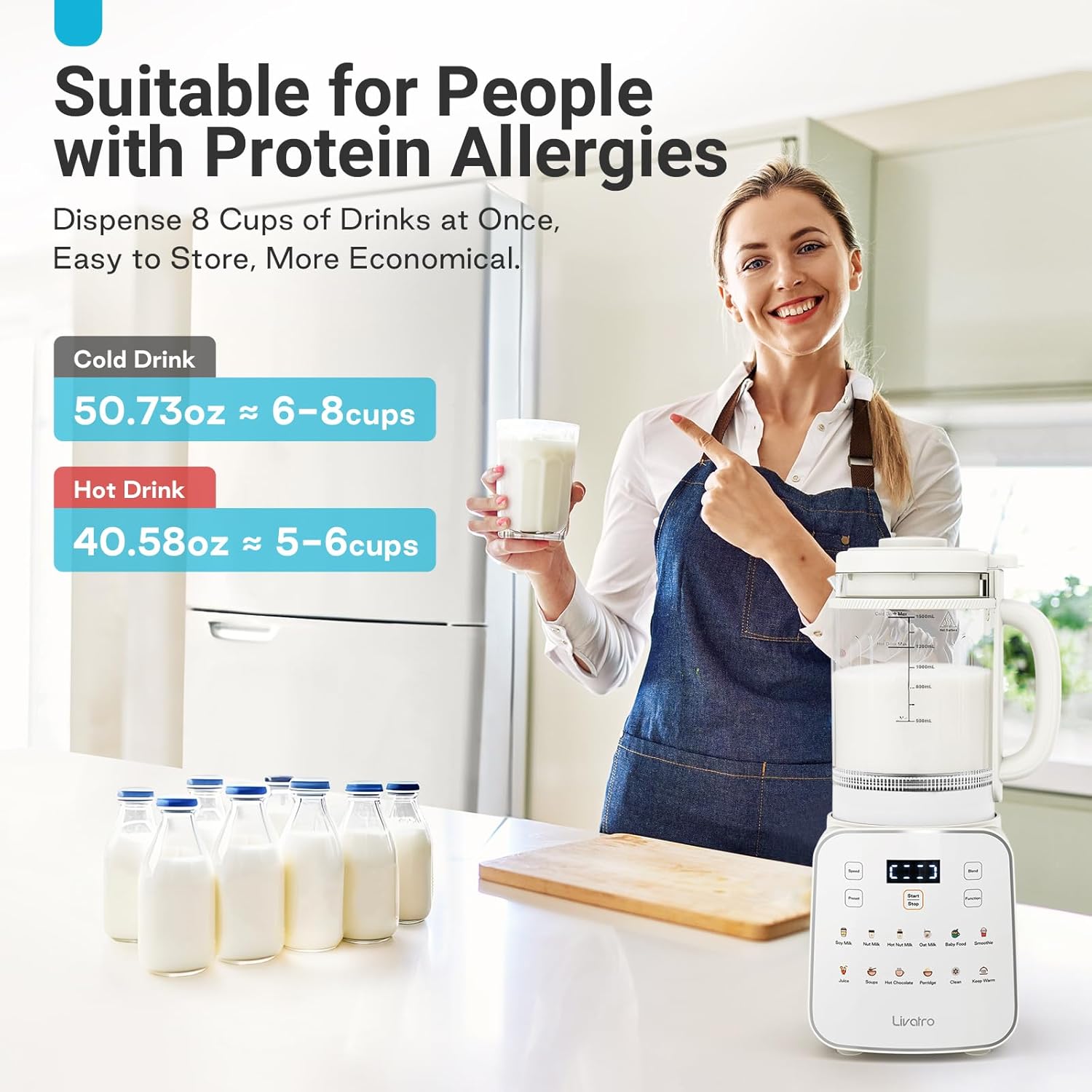 Livatro 50.73oz Nut Milk Maker, 12-in-1 Automatic Soy Milk Machine with Detachable Design, Oat & Almond Milks, 24H Delay, Keep Warm, Auto-Clean