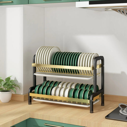 Adivo 2 tier Dish Drainer Kitchen Counter Dish Rack with Cutlery Holder, Drip Tray-Black Gold