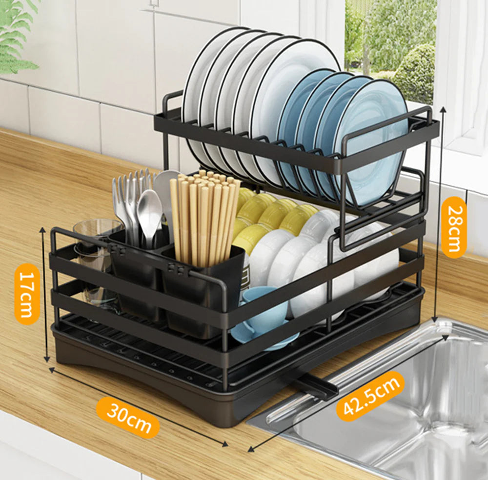 2 tier Dish Drainer Kitchen Counter Dish Rack with Cutlery Holder, Drip Tray