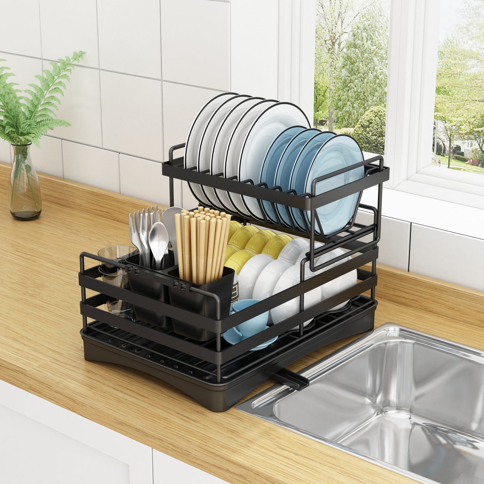 Adivo 2 tier Dish Drainer Kitchen Counter Dish Rack with Cutlery Holder, Drip Tray