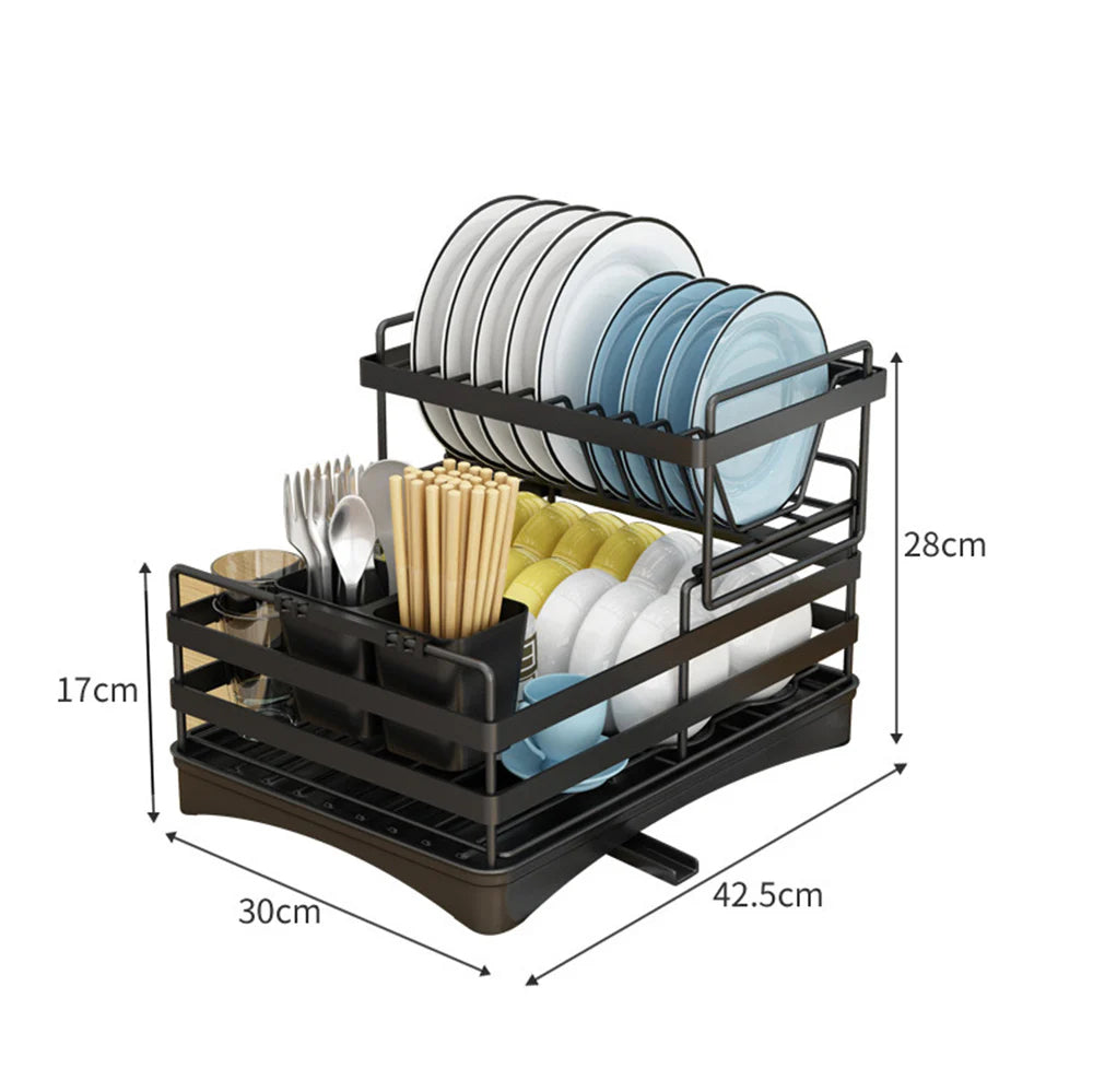 2 tier Dish Drainer Kitchen Counter Dish Rack with Cutlery Holder, Drip Tray