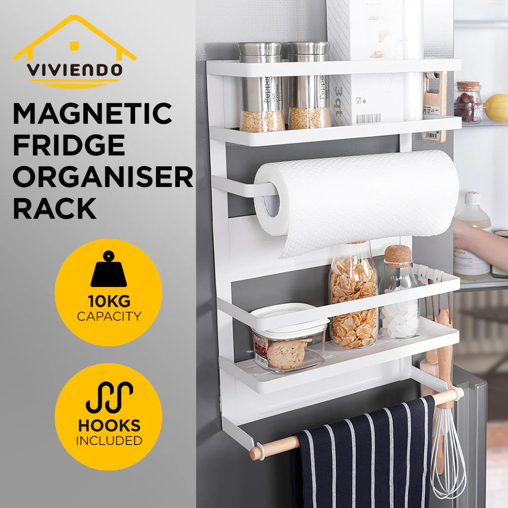 ADIVO Magnetic Fridge Storage Shelf with Paper Towel Holder Kitchen Spice Rack Organiser - White