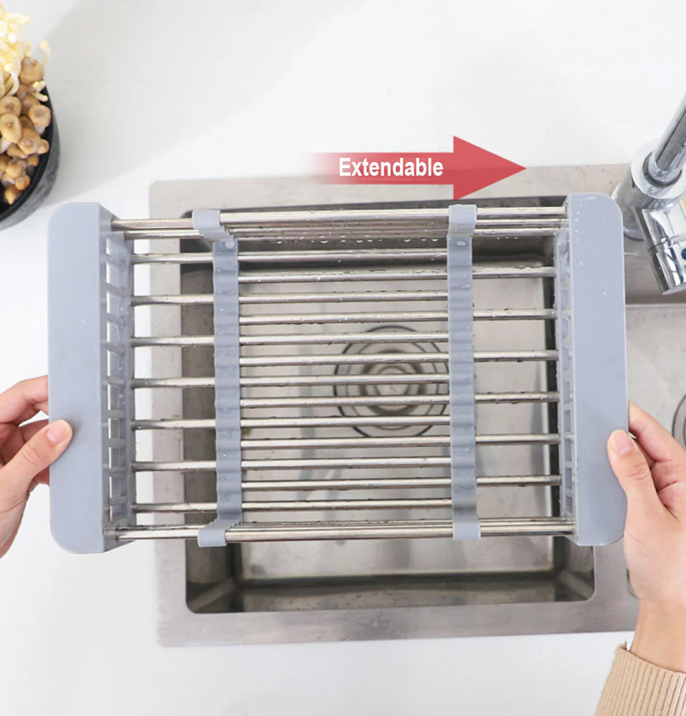 Expandable In Sink Kitchen Dish Drying Rack, Over The Sink Dish Drainer in Stainless Steel and ABS