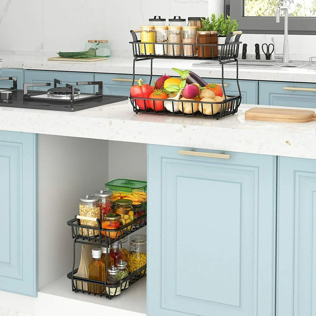 ADIVO 2 Tier Fruit Bowl Carbon Steel Kitchen Countertop for Fruit and Vegetable Basket Storage - Black