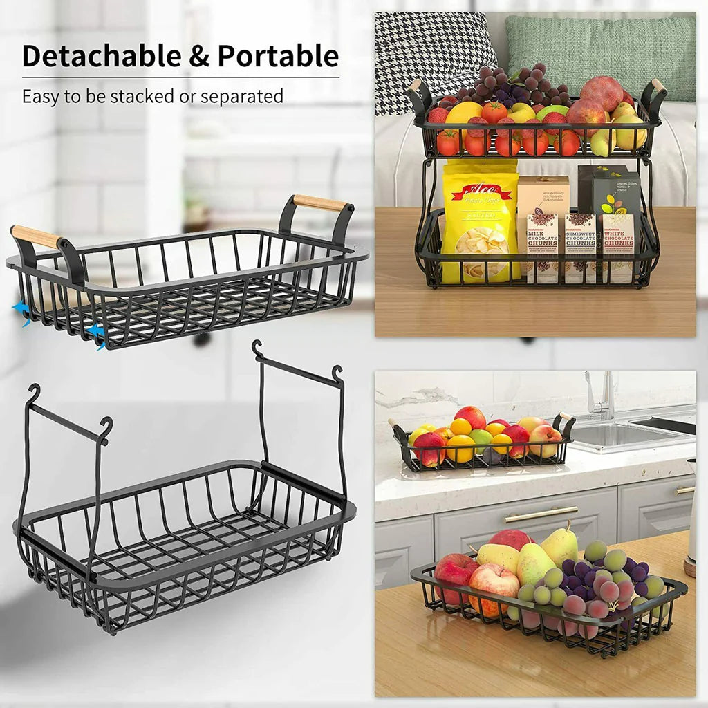 ADIVO 2 Tier Fruit Bowl Carbon Steel Kitchen Countertop for Fruit and Vegetable Basket Storage - Black