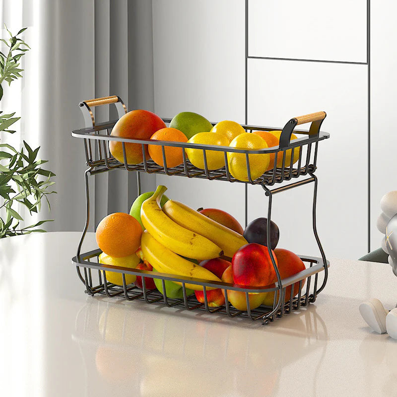 ADIVO 2 Tier Fruit Bowl Carbon Steel Kitchen Countertop for Fruit and Vegetable Basket Storage - Black
