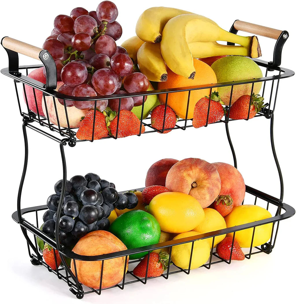 ADIVO 2 Tier Fruit Bowl Carbon Steel Kitchen Countertop for Fruit and Vegetable Basket Storage - Black