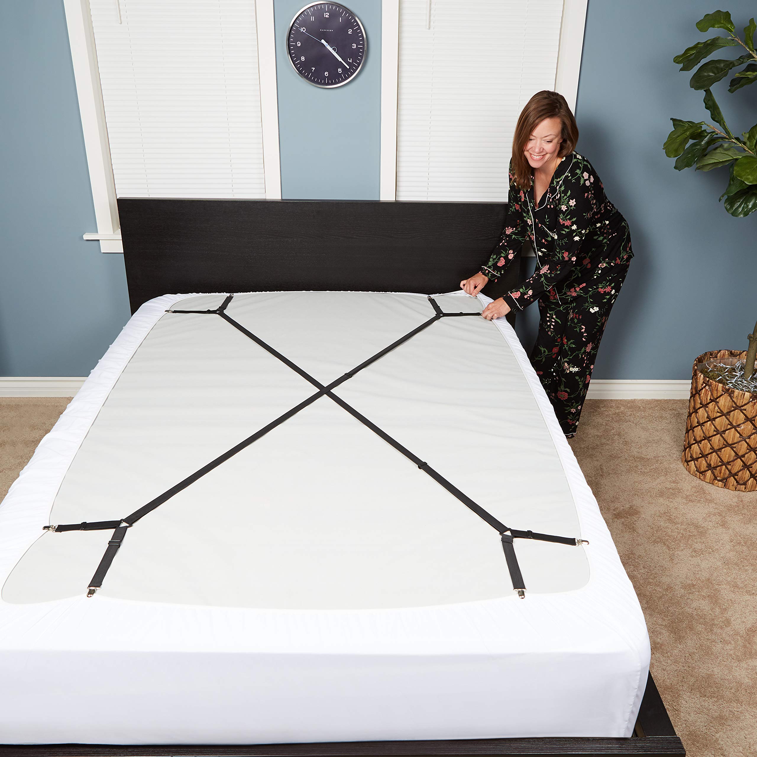 FeelAtHome Bed Sheet Holder Straps – Criss-Cross Suspenders Keep Fitted or Flat Sheets in Place for Twin, Queen & King Mattresses