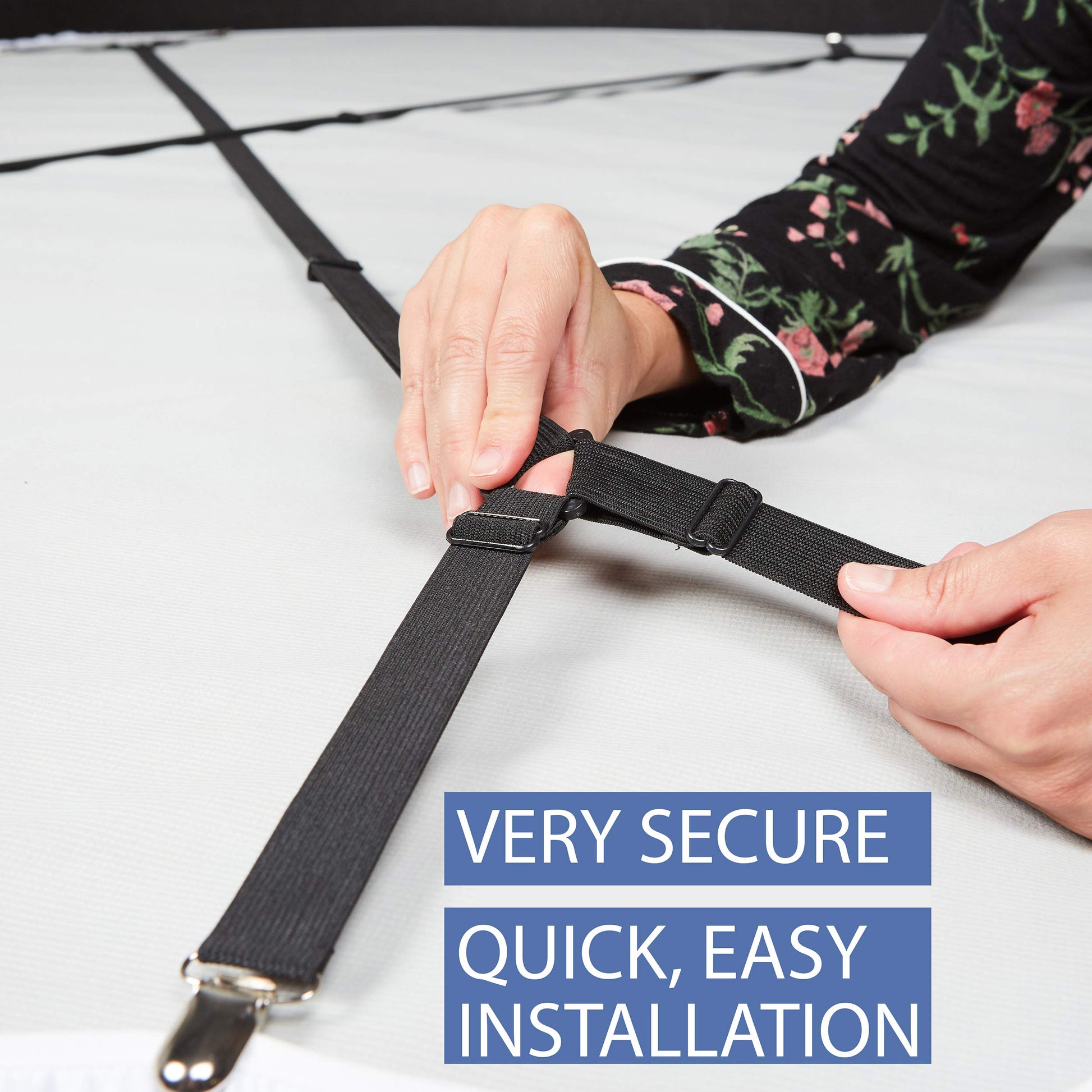 FeelAtHome Bed Sheet Holder Straps – Criss-Cross Suspenders Keep Fitted or Flat Sheets in Place for Twin, Queen & King Mattresses