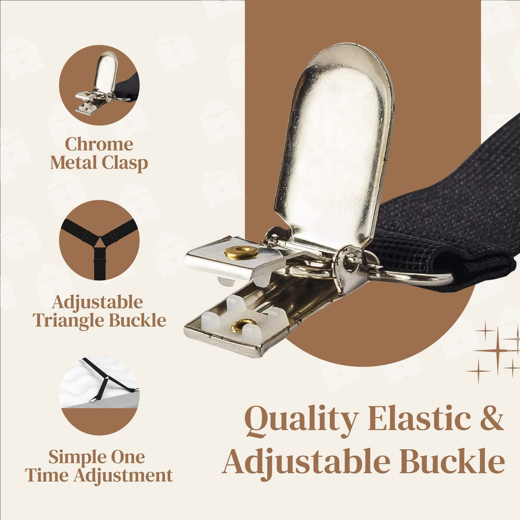 FeelAtHome Bed Sheet Holder Straps – Criss-Cross Suspenders Keep Fitted or Flat Sheets in Place for Twin, Queen & King Mattresses