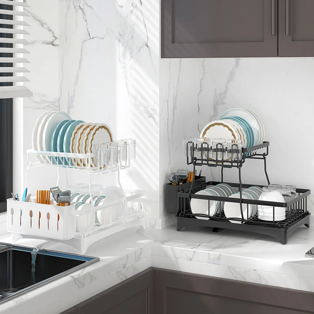 Adivo 2 tier Dish Drainer Kitchen Counter Dish Rack with Cutlery Holder, Drip Tray