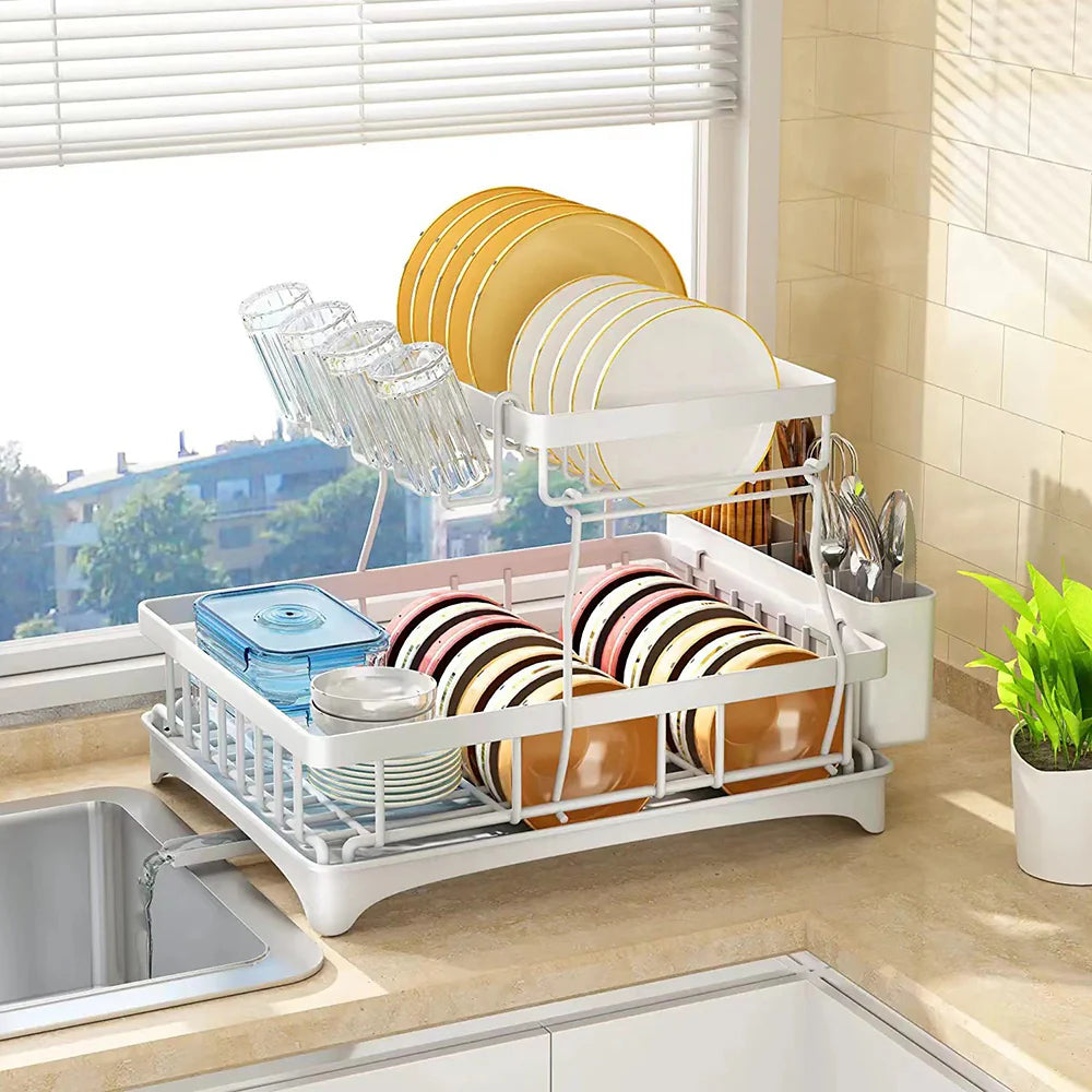 Adivo 2 tier Dish Drainer Kitchen Counter Dish Rack with Cutlery Holder, Drip Tray