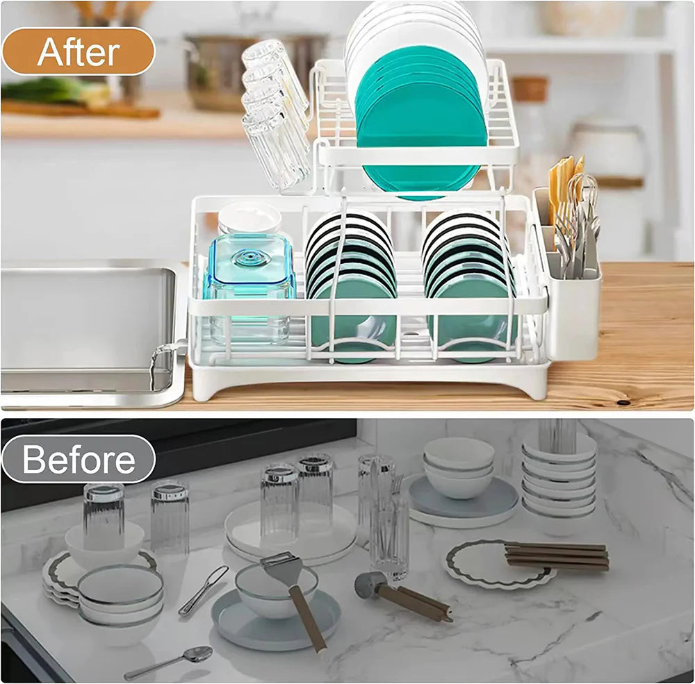 2 tier Dish Drainer Kitchen Counter Dish Rack with Cutlery Holder, Drip Tray