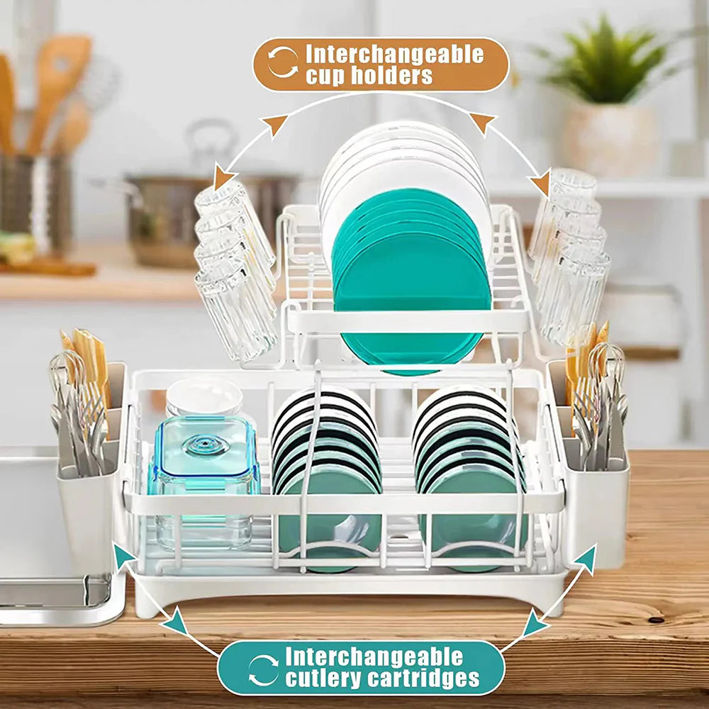 2 tier Dish Drainer Kitchen Counter Dish Rack with Cutlery Holder, Drip Tray