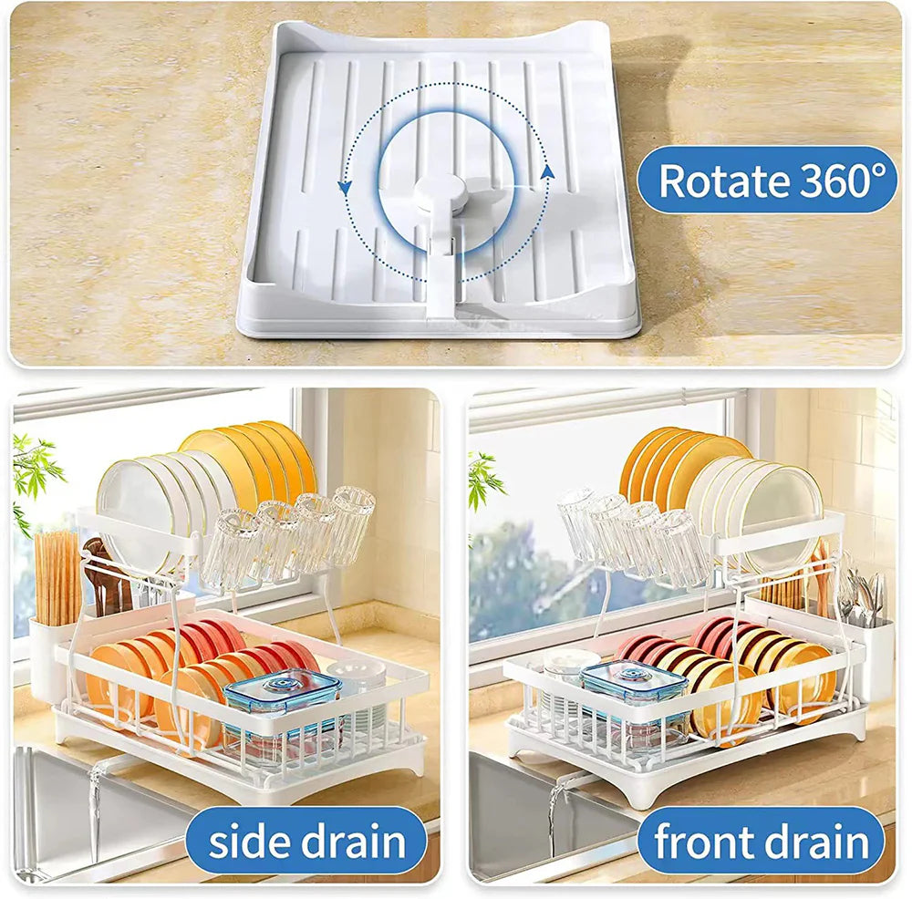 2 tier Dish Drainer Kitchen Counter Dish Rack with Cutlery Holder, Drip Tray