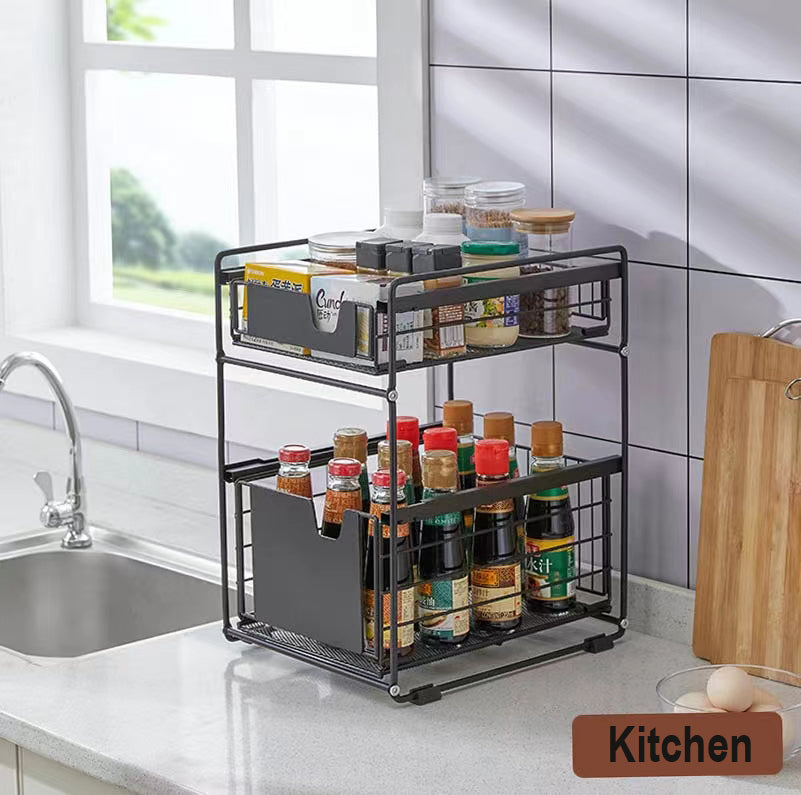 Pantry Kitchen Organiser Sauce Rack Spice Storage with sliding drawers in Carbon Steel