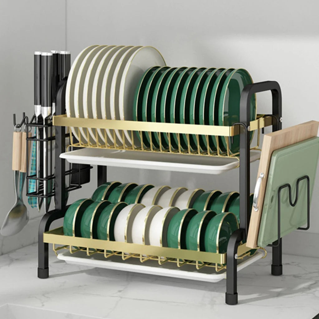 Adivo 2 tier Dish Drainer Kitchen Counter Dish Rack with Cutlery Holder, Drip Tray-Black Gold