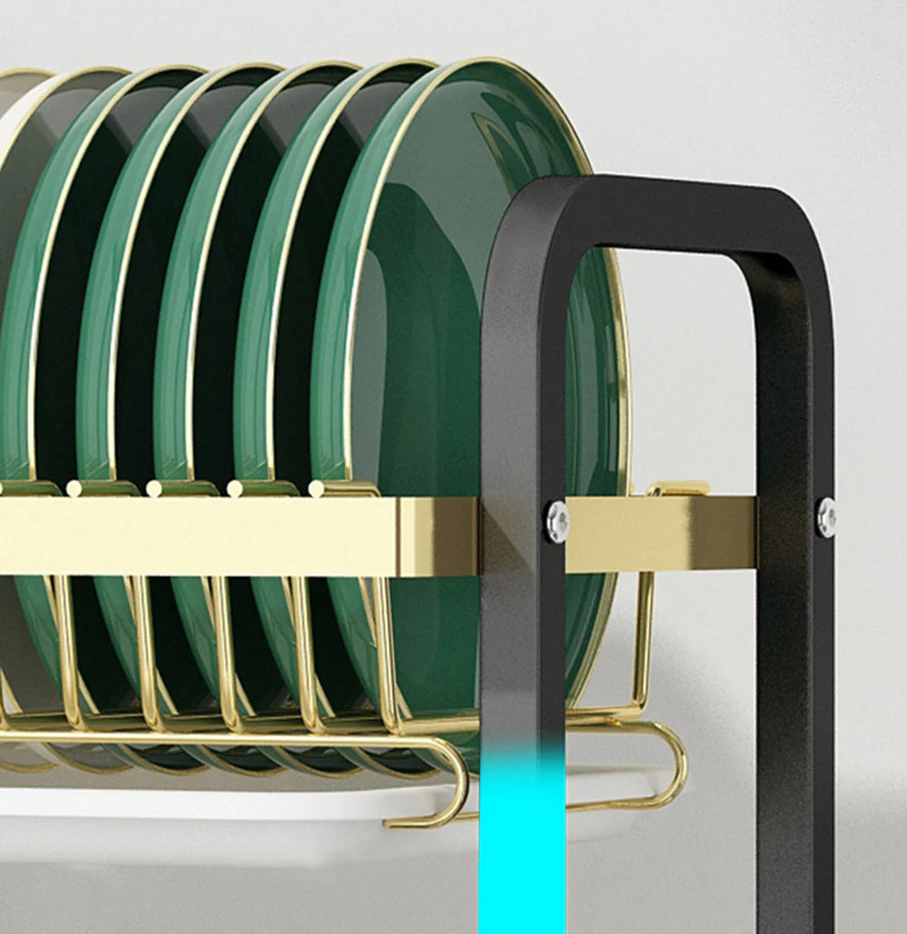 Adivo 2 tier Dish Drainer Kitchen Counter Dish Rack with Cutlery Holder, Drip Tray-Black Gold