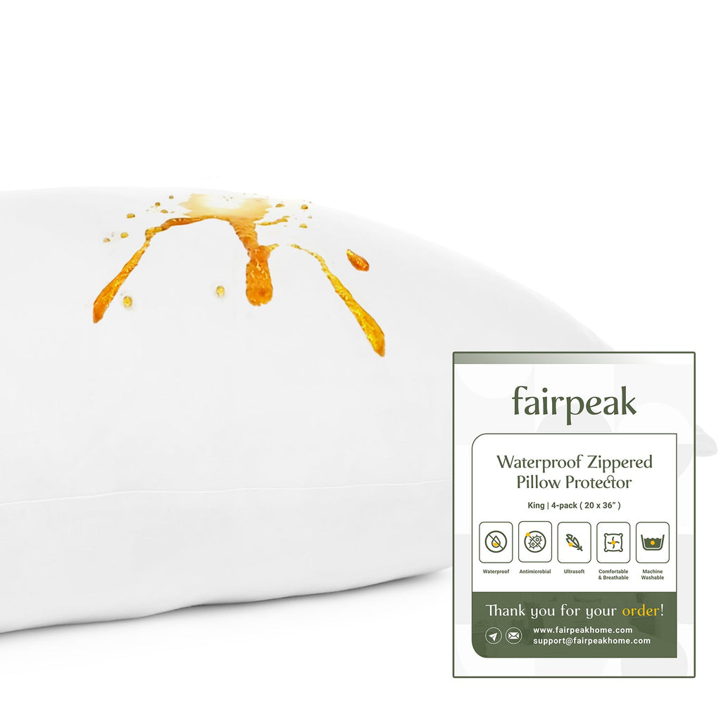 Fairpeak Waterproof Pillow Protector, King, Hidden Zipper, TPU Coating, Oeko-TEX Polyester, Machine Washable