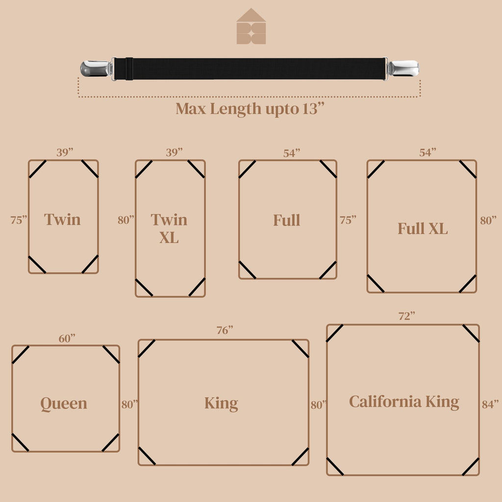 FeelAtHome Bed Sheet Clips 4PCS - Mattress Holder Straps, Elastic Corner Bands with Clamps, Fit Twin/Queen/King Sheets
