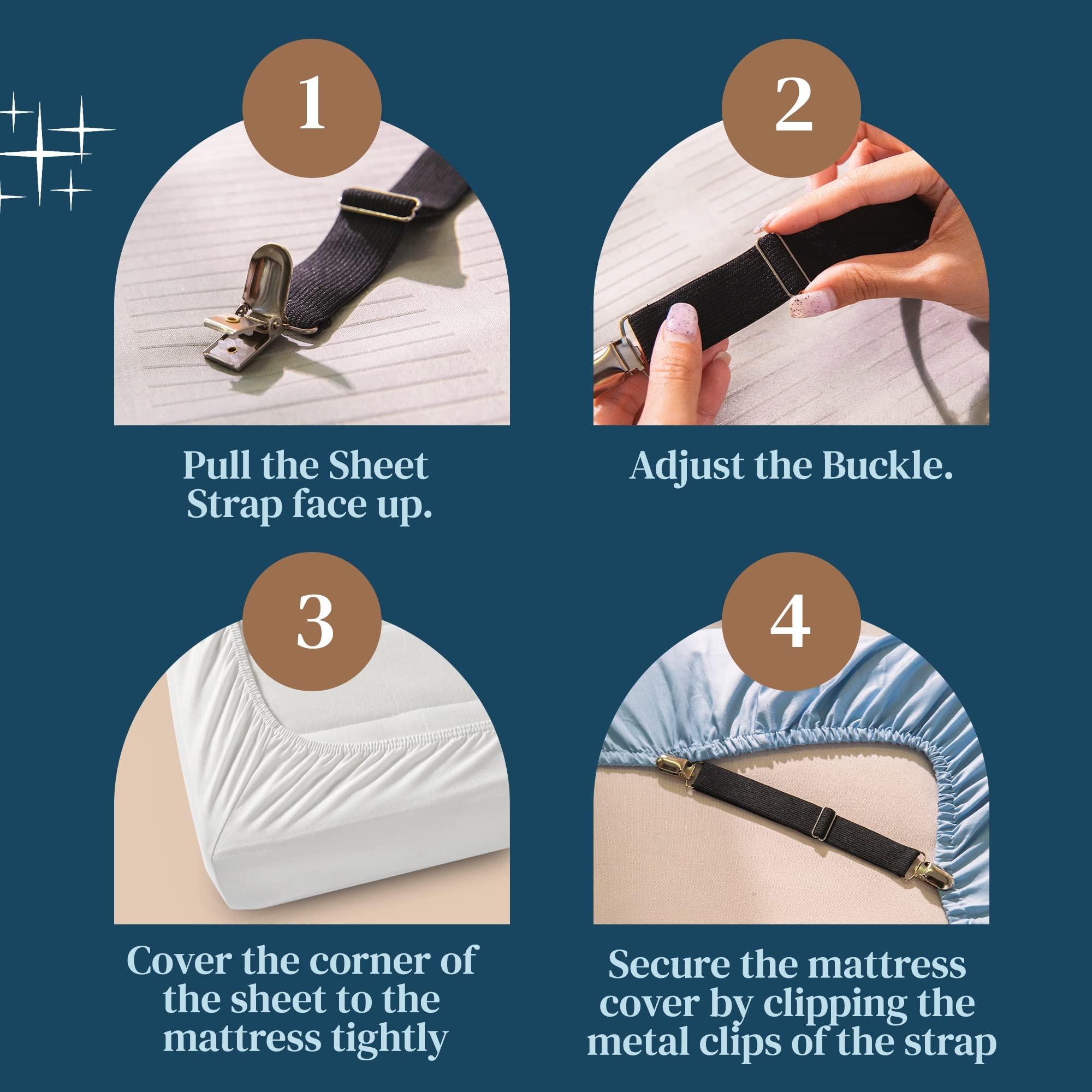 FeelAtHome Bed Sheet Clips 4PCS - Mattress Holder Straps, Elastic Corner Bands with Clamps, Fit Twin/Queen/King Sheets