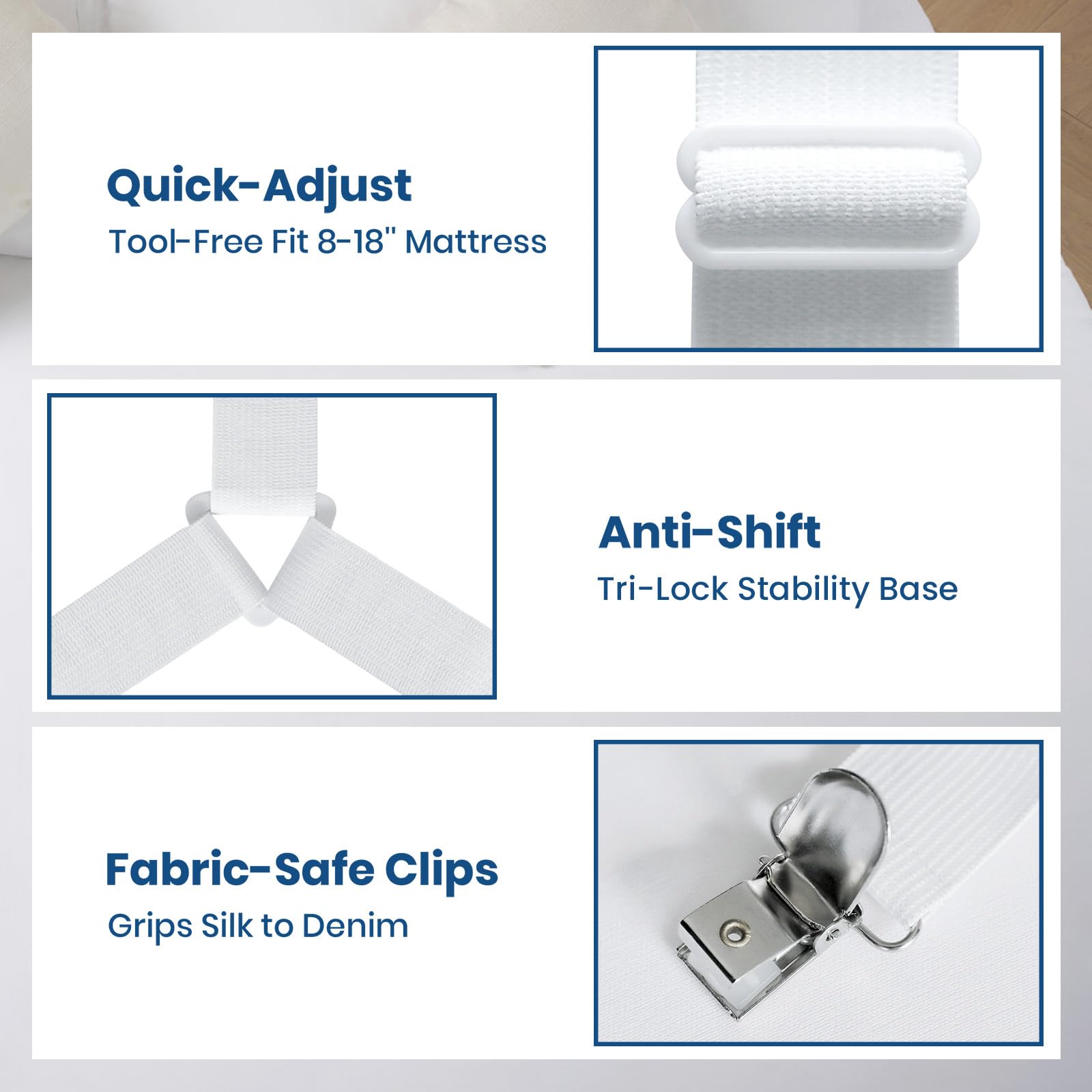 FeelAtHome Bed Sheet Clips 4PCS - Mattress Holder Straps, Elastic Corner Bands with Clamps, Fit Twin/Queen/King Sheets