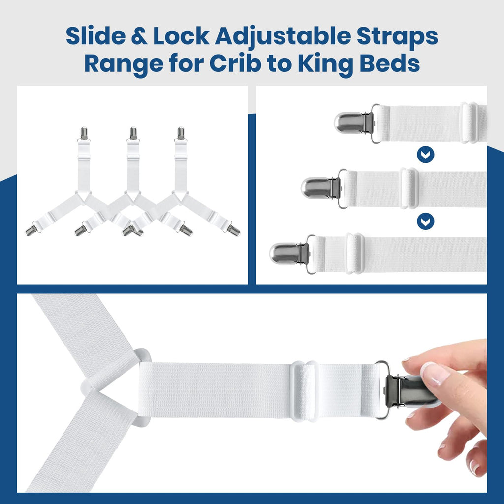 FeelAtHome Bed Sheet Clips 4PCS - Mattress Holder Straps, Elastic Corner Bands with Clamps, Fit Twin/Queen/King Sheets