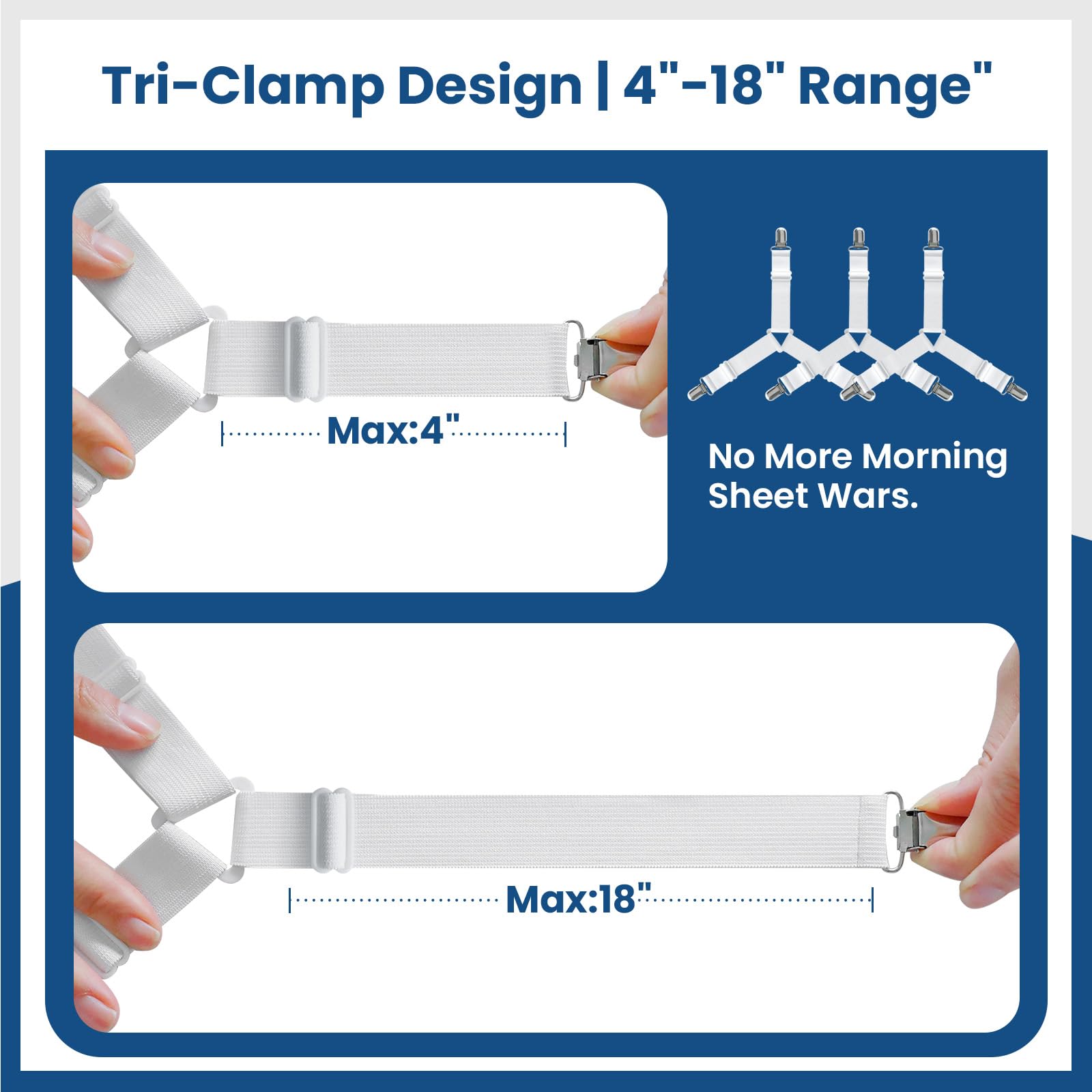 FeelAtHome Bed Sheet Clips 4PCS - Mattress Holder Straps, Elastic Corner Bands with Clamps, Fit Twin/Queen/King Sheets
