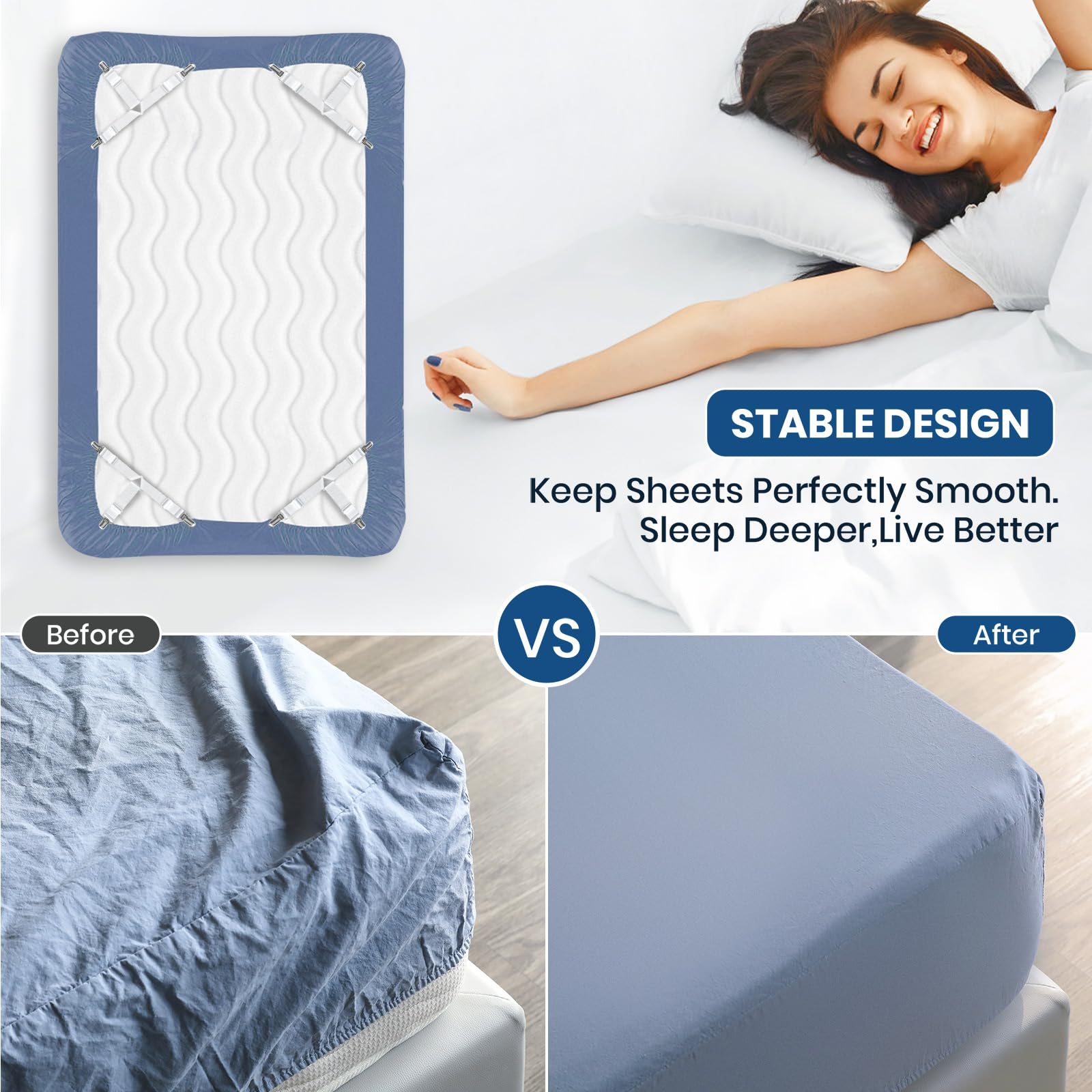 FeelAtHome Bed Sheet Clips 4PCS - Mattress Holder Straps, Elastic Corner Bands with Clamps, Fit Twin/Queen/King Sheets