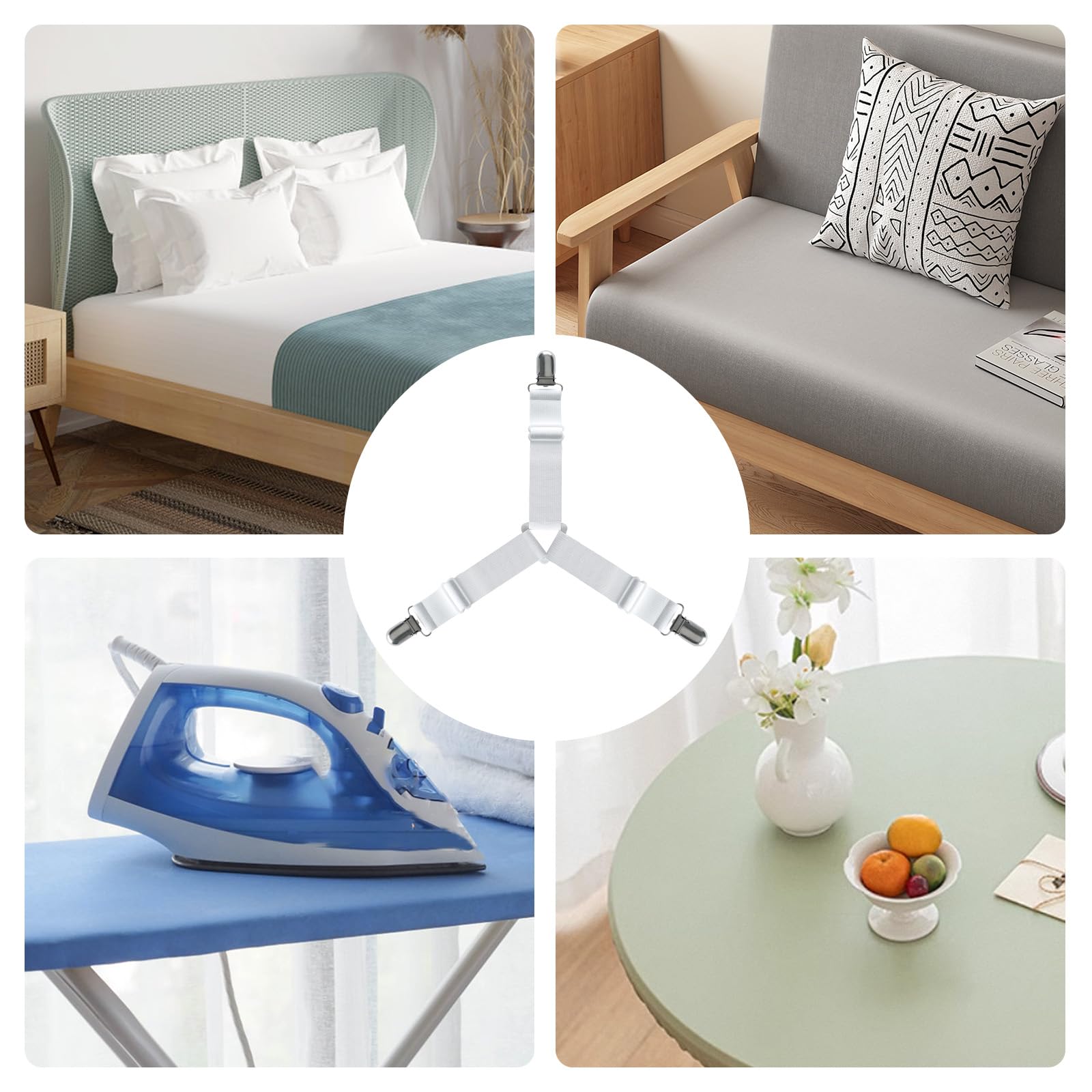 FeelAtHome Bed Sheet Clips 4PCS - Mattress Holder Straps, Elastic Corner Bands with Clamps, Fit Twin/Queen/King Sheets