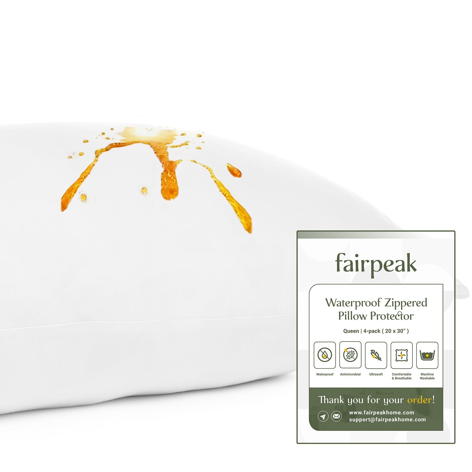 Fairpeak Waterproof Pillow Protector, Queen, Hidden Zipper, TPU Coating, Oeko-TEX Polyester, Machine Washable