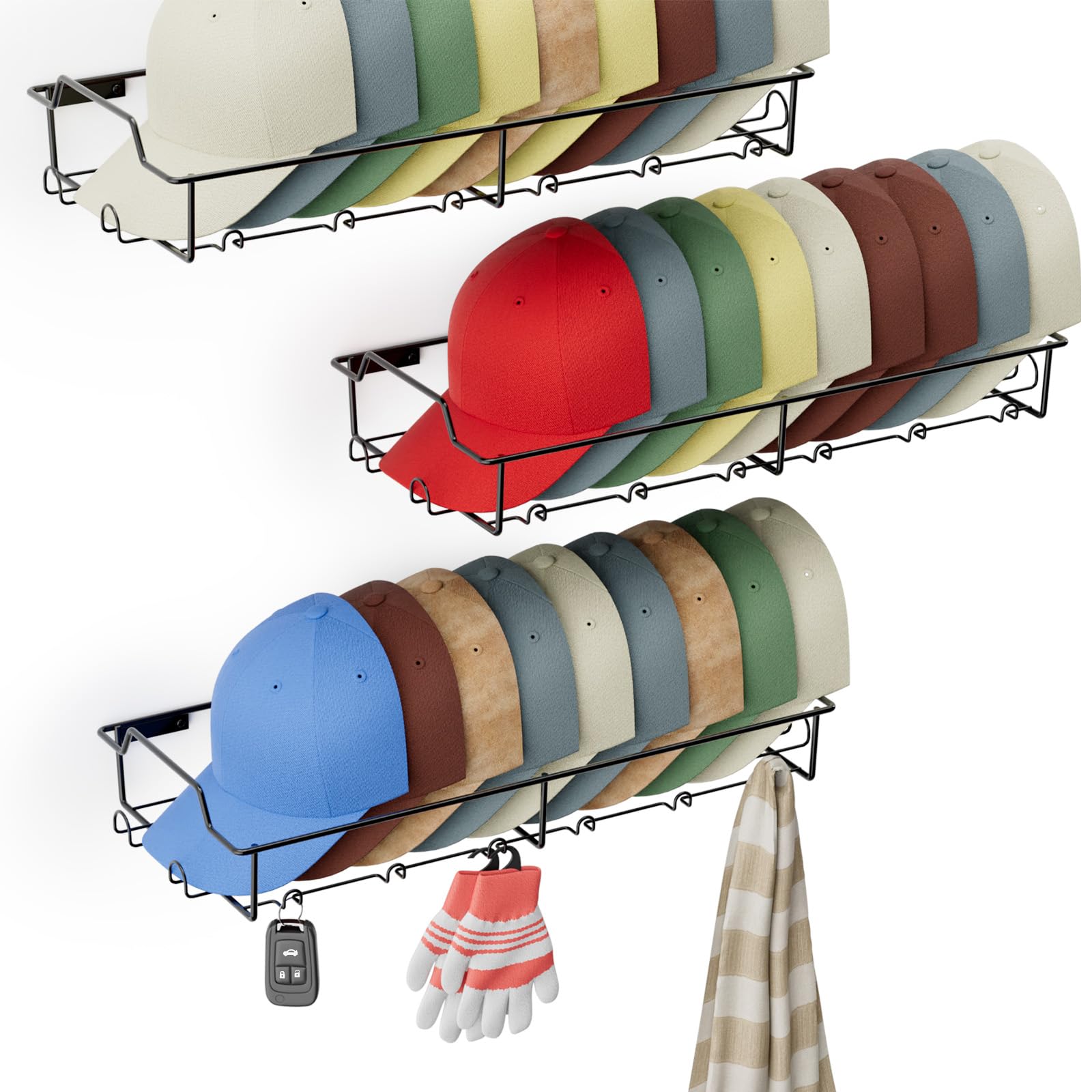 Wall Hat Racks for Baseball Caps, 3-Pack Hat Rack for Each Holder Stores Up to 20 Caps
