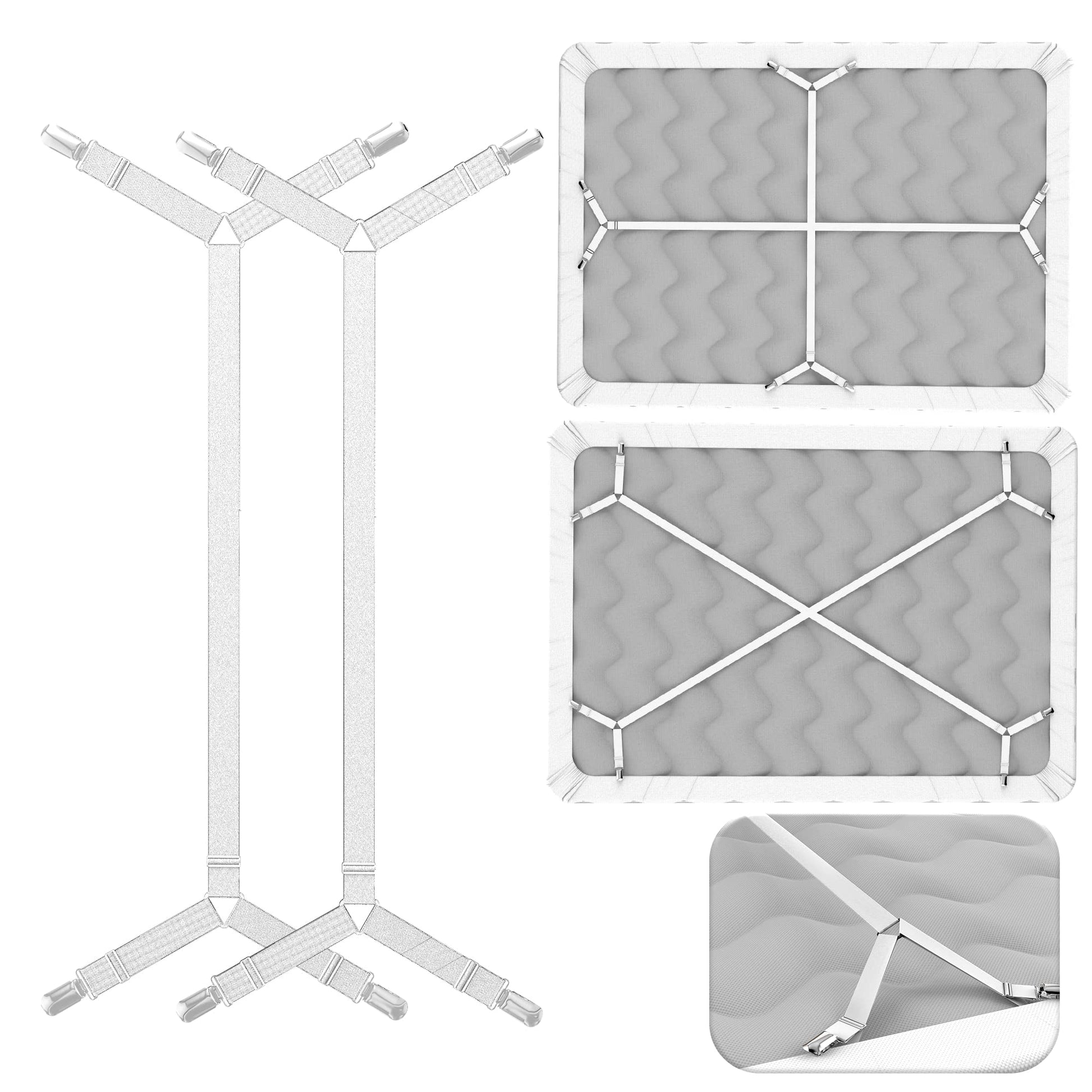 FeelAtHome Bed Sheet Holder Straps – Criss-Cross Suspenders Keep Fitted or Flat Sheets in Place for Twin, Queen & King Mattresses