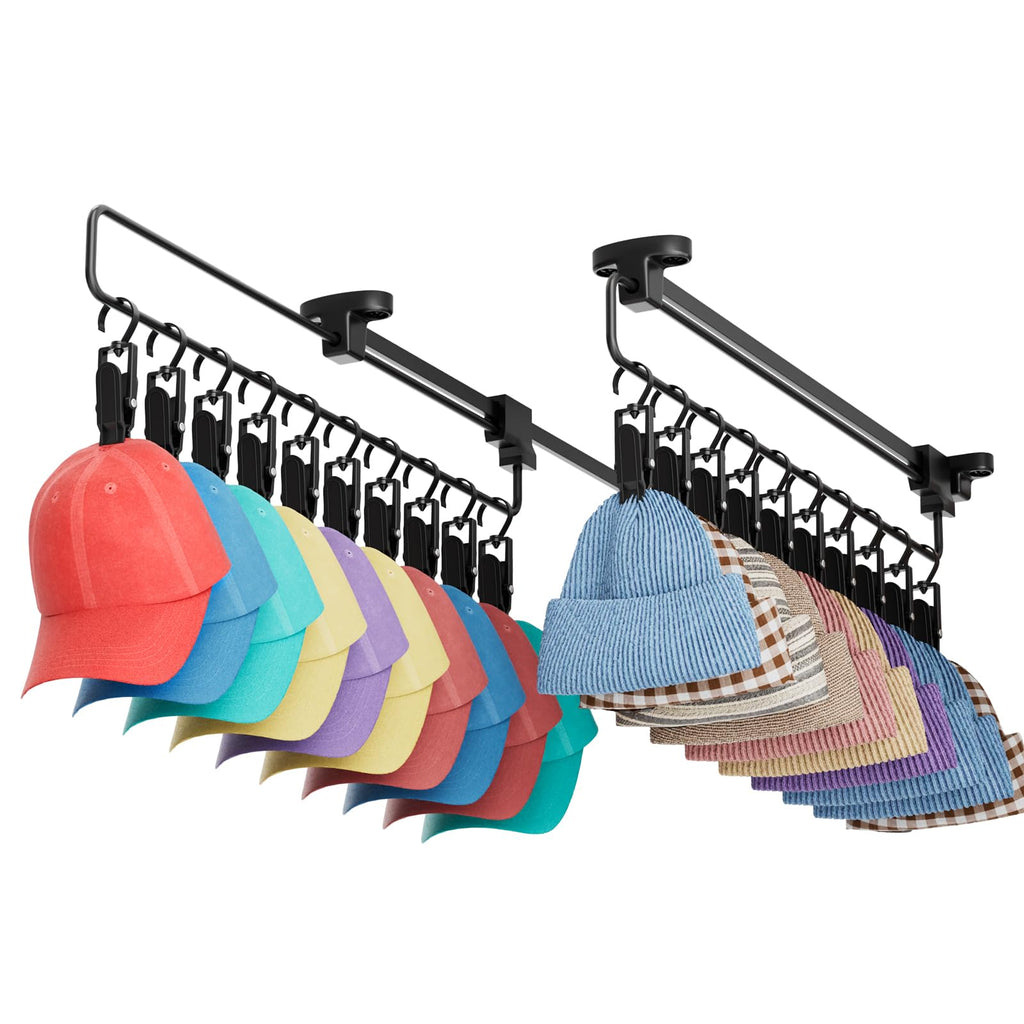 Closet Hat Rack with 20 Clips, Sliding Organizer for Caps, Beanies & Sun Hats, 2 Pack Hanging Storage for Closet Rods, Black