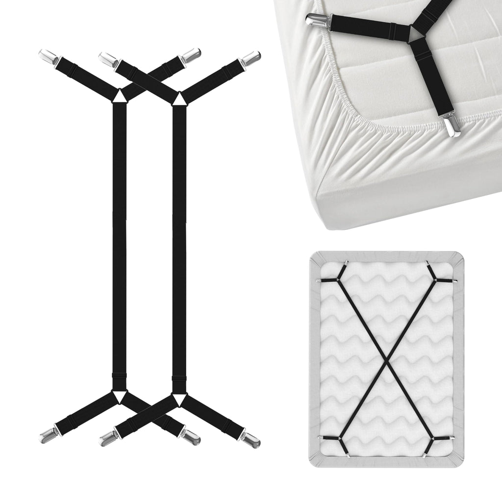 FeelAtHome Bed Sheet Holder Straps – Criss-Cross Suspenders Keep Fitted or Flat Sheets in Place for Twin, Queen & King Mattresses