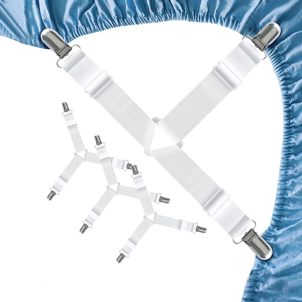 FeelAtHome Bed Sheet Clips 4PCS - Mattress Holder Straps, Elastic Corner Bands with Clamps, Fit Twin/Queen/King Sheets